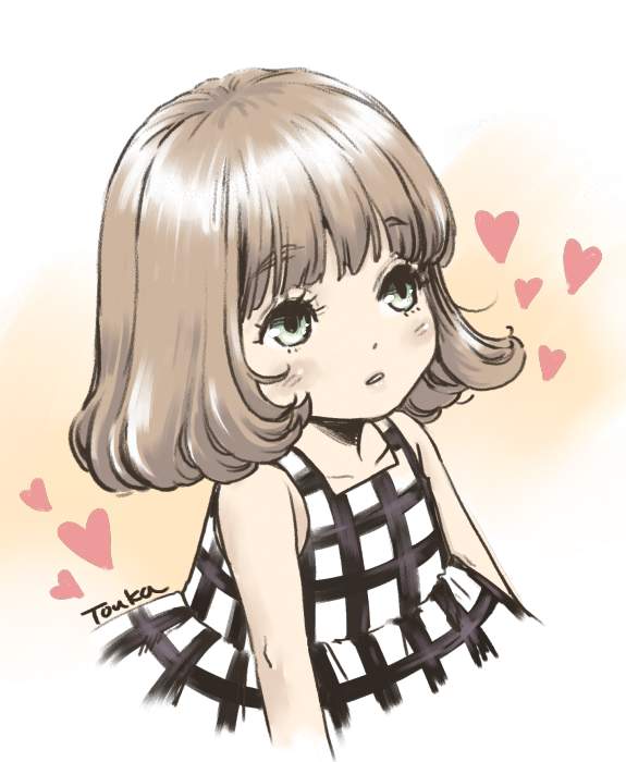 1girl arms_at_sides artist_name bare_arms beige_background blunt_bangs bob_cut checkered_clothes checkered_dress child collarbone cropped_torso dot_nose dress expressionless eyelashes facing_away green_eyes heart heart_background kawamoto_momo light_blush light_brown_hair long_eyelashes looking_afar parted_lips sangatsu_no_lion short_hair simple_background sleeveless sleeveless_dress solo sundress touka_(akira_nogi) two-tone_background upper_body wavy_hair white_background white_dress