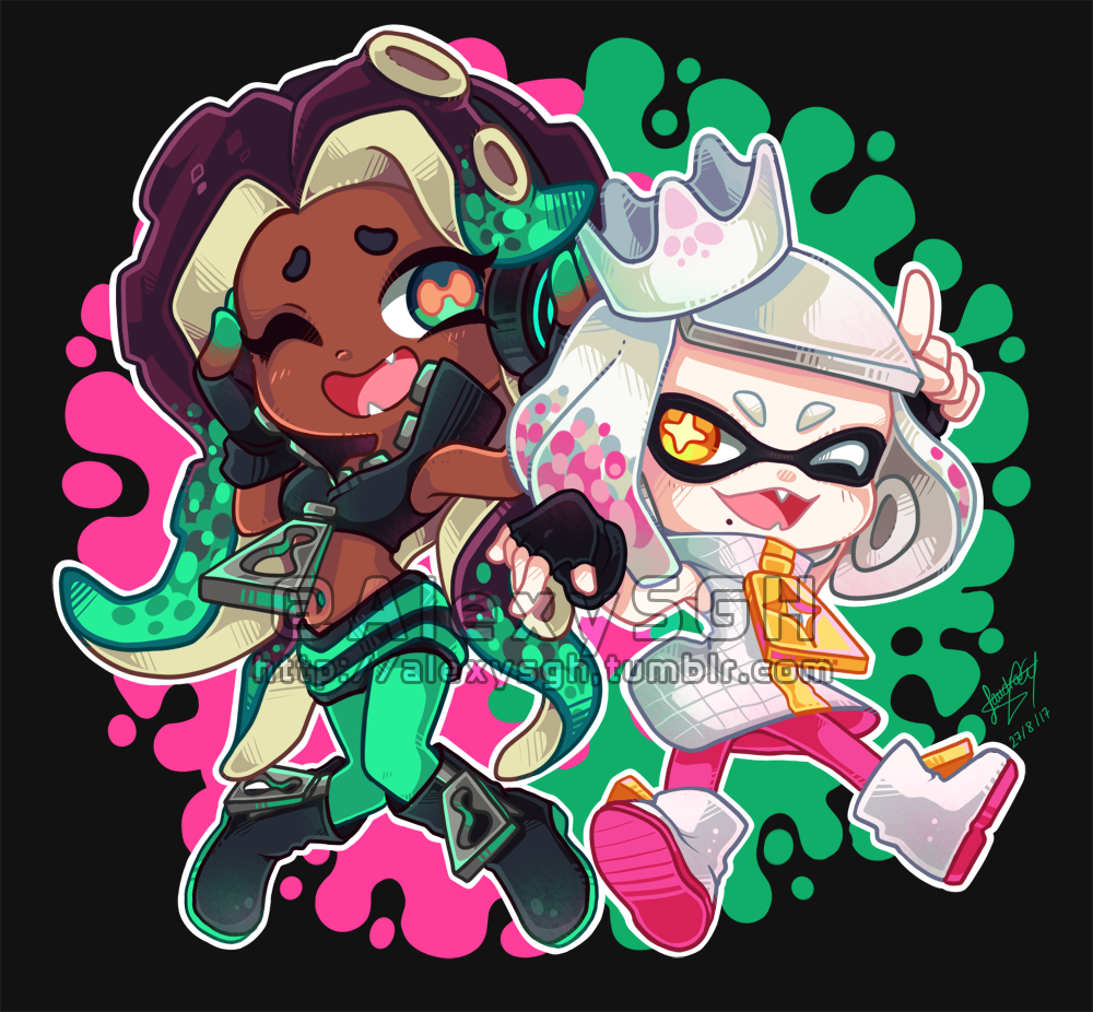 2girls aqua_pantyhose aqua_skin black_hair breasts cephalopod_eyes chibi colored_skin commentary crop_top cropped_vest crown dark-skinned_female dark_skin dated english_commentary fingerless_gloves gloves gradient_hair green_eyes headphones horizontal_pupils inkling long_hair looking_at_viewer marina_(off_the_hook_outfit)_(splatoon) marina_(splatoon) mole mole_under_mouth multicolored_hair multiple_girls navel_piercing nintendo octoling open_mouth pantyhose pearl_(off_the_hook_outfit)_(splatoon) pearl_(splatoon) piercing pink_hair pink_pantyhose pink_pupils sandragh signature simple_background smile splatoon_(series) splatoon_2 suction_cups symbol-shaped_pupils tentacle_hair very_dark_skin vest white_hair yellow_eyes zipper_pull_tab
