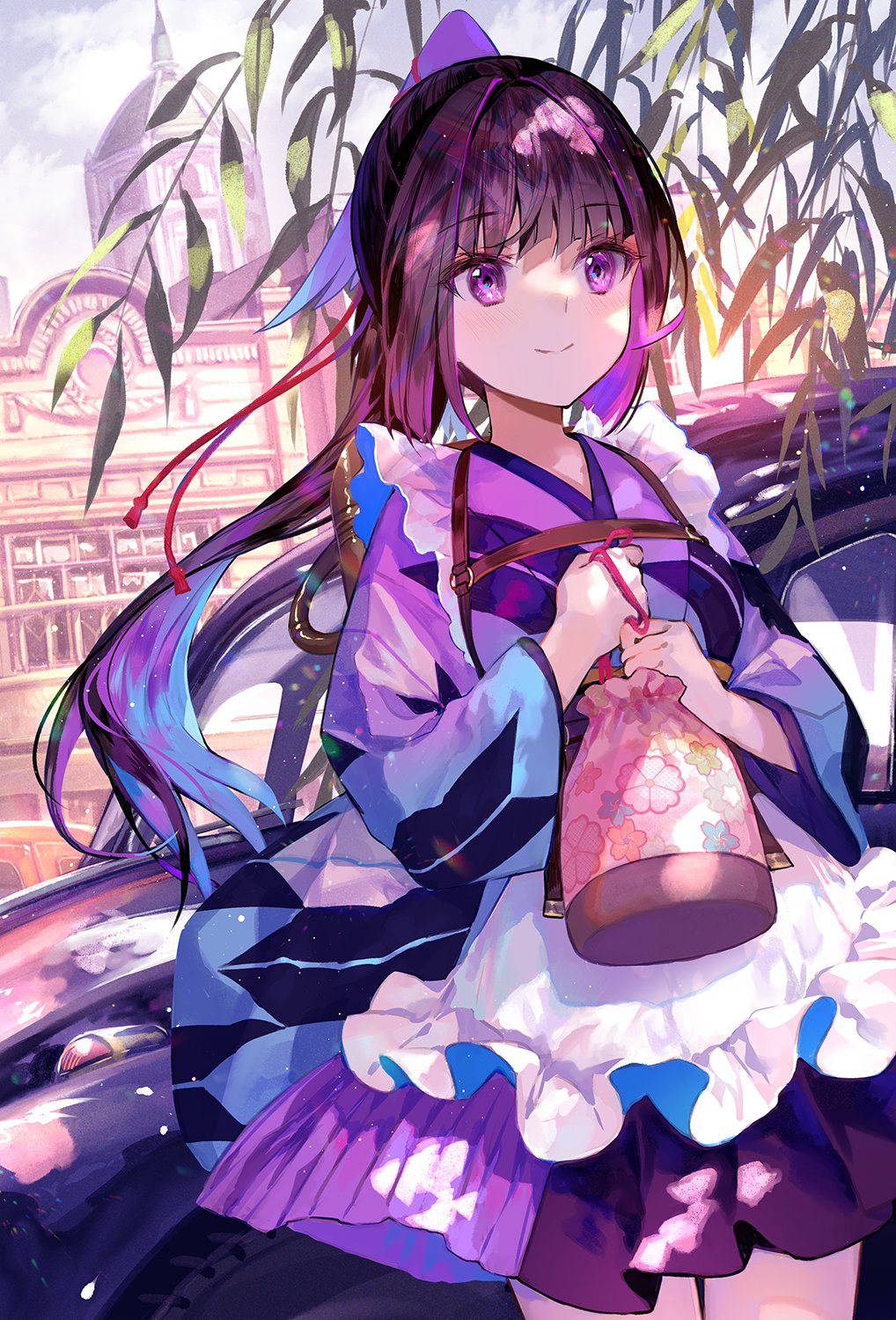 1girl apron blue_hair car closed_mouth cowboy_shot day frilled_apron frills fuzichoco gradient_hair highres japanese_clothes karasuba_(prima_doll) long_hair long_sleeves maid motor_vehicle multicolored_hair official_art outdoors ponytail prima_doll purple_eyes purple_hair smile solo two-tone_hair wa_maid wide_sleeves yagasuri