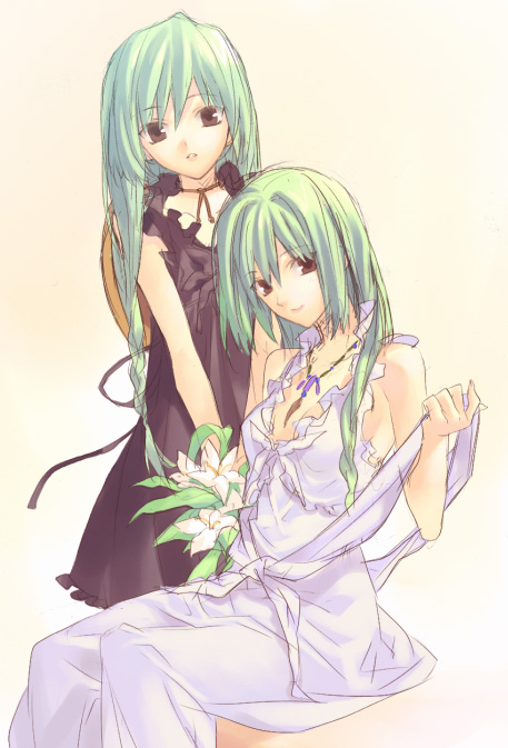 00s 2girls alternate_eye_color alternate_hairstyle bare_shoulders black_dress bouquet braid brown_eyes dress engo_(mongo) flower green_hair hat higurashi_no_naku_koro_ni jewelry light_smile lily_(flower) long_hair looking_at_viewer mature_female mother_and_daughter multiple_girls necklace parted_lips simple_background sitting smile sonozaki_akane sonozaki_mion white_dress