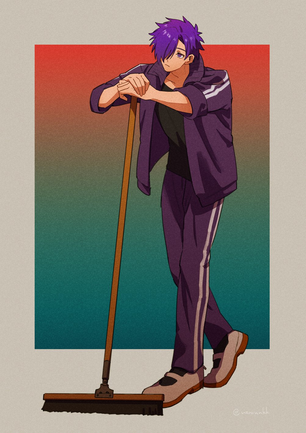 1boy black_shirt closed_mouth collarbone collared_jacket commentary_request crew_neck fire_emblem fire_emblem:_three_houses fire_emblem_warriors:_three_hopes full_body grey_shoes hair_over_one_eye highres holding holding_mop jacket looking_to_the_side male_focus male_shez_(fire_emblem) mop nintendo nzmnnkk open_clothes open_jacket own_hands_together pants purple_hair purple_jacket purple_pants shirt shoes short_hair sideways_glance sleeves_rolled_up solo standing striped_clothes striped_jacket striped_pants twitter_username vertical-striped_clothes vertical-striped_jacket vertical-striped_pants wing_collar