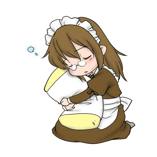 1girl brown_hair chibi closed_eyes female_focus futaba_channel glasses hugging_object kneeling maid nemui nijiura_maids pillow pillow_hug pince-nez simple_background sleeping solo white_background