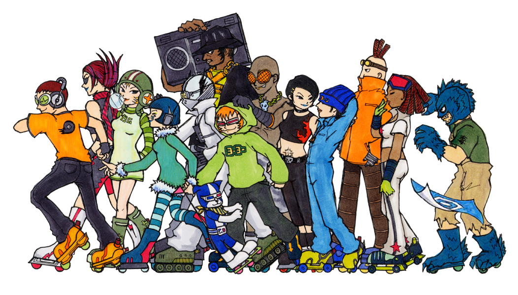 6+boys 6+girls bad_id bad_pixiv_id beat_(jsr) bis_(jsr) black_hair blonde_hair blue_hair boombox brown_hair character_request choker combo_(jsr) corn_(jsr) cube_(jsr) dark_skin dreadlocks eyepatch fingerless_gloves garam_(jsr) gloves goggles gum_(jsr) hat headphones helmet inline_skates jet_set_radio jumpsuit love_shockers mask mew_(jsr) multiple_boys multiple_girls noise_tanks piranha_(jsr) poison_jam pots_(jsr) roller_skates sega short_hair skates slate_(jsr) tab_(jsr) tattoo y2k_fashion yoyo_(jsr)