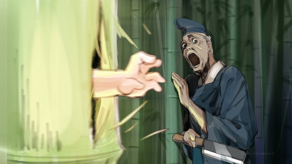 axe baby bamboo bamboo_forest forest hat here&#039;s_johnny!_(meme) japanese_clothes kaekae kaguya_hime meme nature old old_man open_mouth parody scared taketori_monogatari taketori_no_okina the_shining