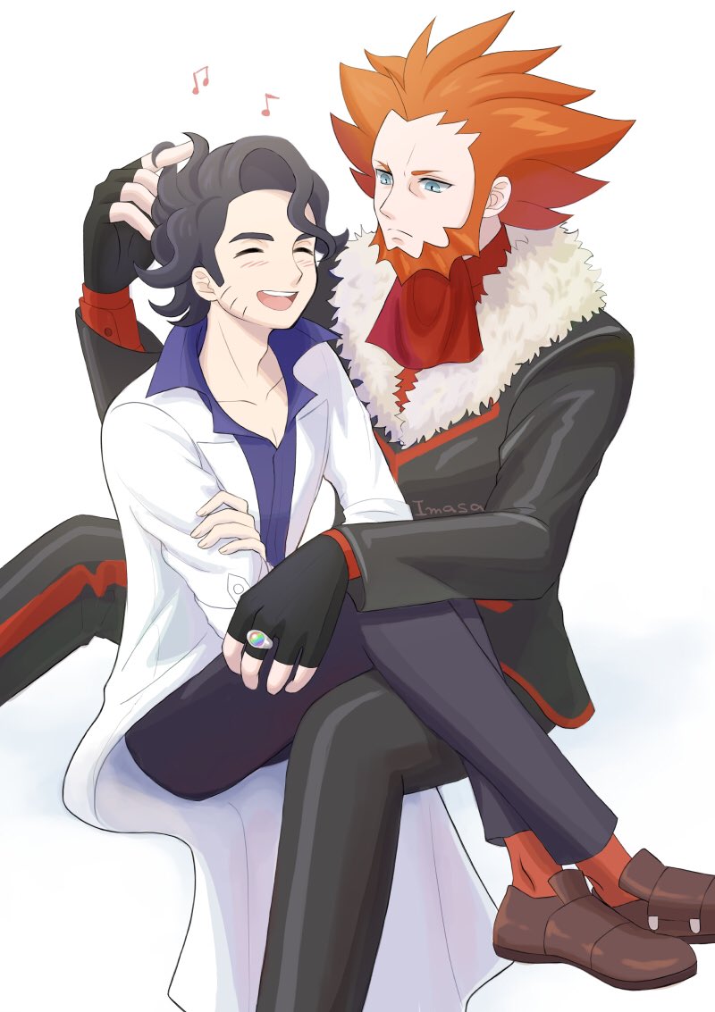 2boys :d professor_sycamore beard black_gloves black_hair black_pants blue_eyes blush brown_footwear closed_eyes closed_mouth commentary_request curly_hair facial_hair fingerless_gloves frown fur-trimmed_jacket fur_trim gloves im_i_masa jacket lab_coat lysandre_(pokemon) male_focus multiple_boys musical_note nintendo open_mouth orange_hair pants pokemon pokemon_xy shirt shoes smile socks teeth tongue upper_teeth_only