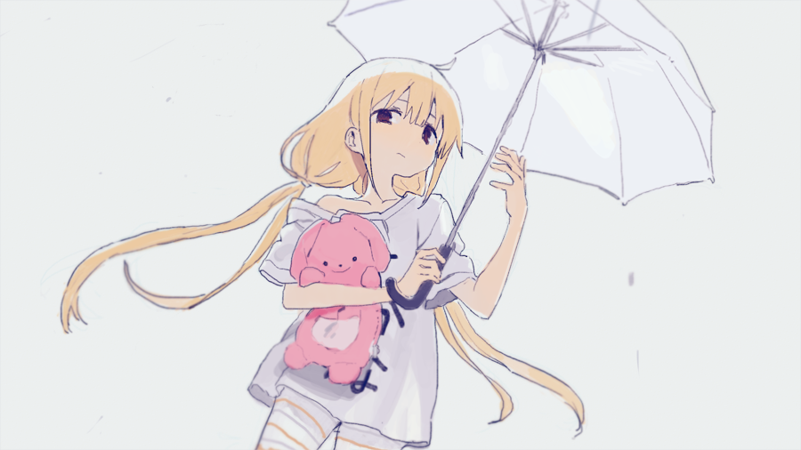 1girl ahoge blonde_hair closed_mouth clothes_writing commentary_request cowboy_shot futaba_anzu grey_background grey_shirt hands_up hirota_tsuu holding holding_stuffed_toy holding_umbrella idolmaster idolmaster_cinderella_girls long_hair looking_at_viewer low_twintails off_shoulder red_eyes shirt short_sleeves simple_background solo standing striped_leggings stuffed_animal stuffed_rabbit stuffed_toy t-shirt twintails umbrella