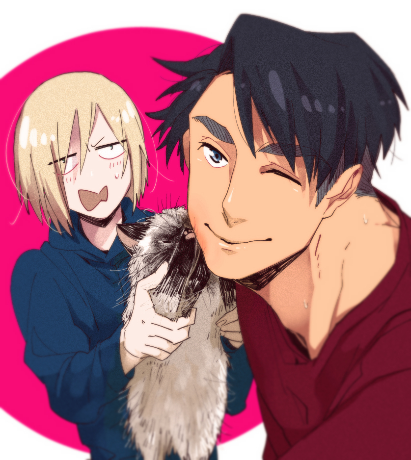 10s 2boys ;) bad_id bad_pixiv_id black_hair blonde_hair blue_eyes cat con_potata green_eyes hair_over_one_eye hood hoodie jean-jacques_leroy male_focus multiple_boys one_eye_closed puma_tiger_scorpion smile yuri!!!_on_ice yuri_plisetsky