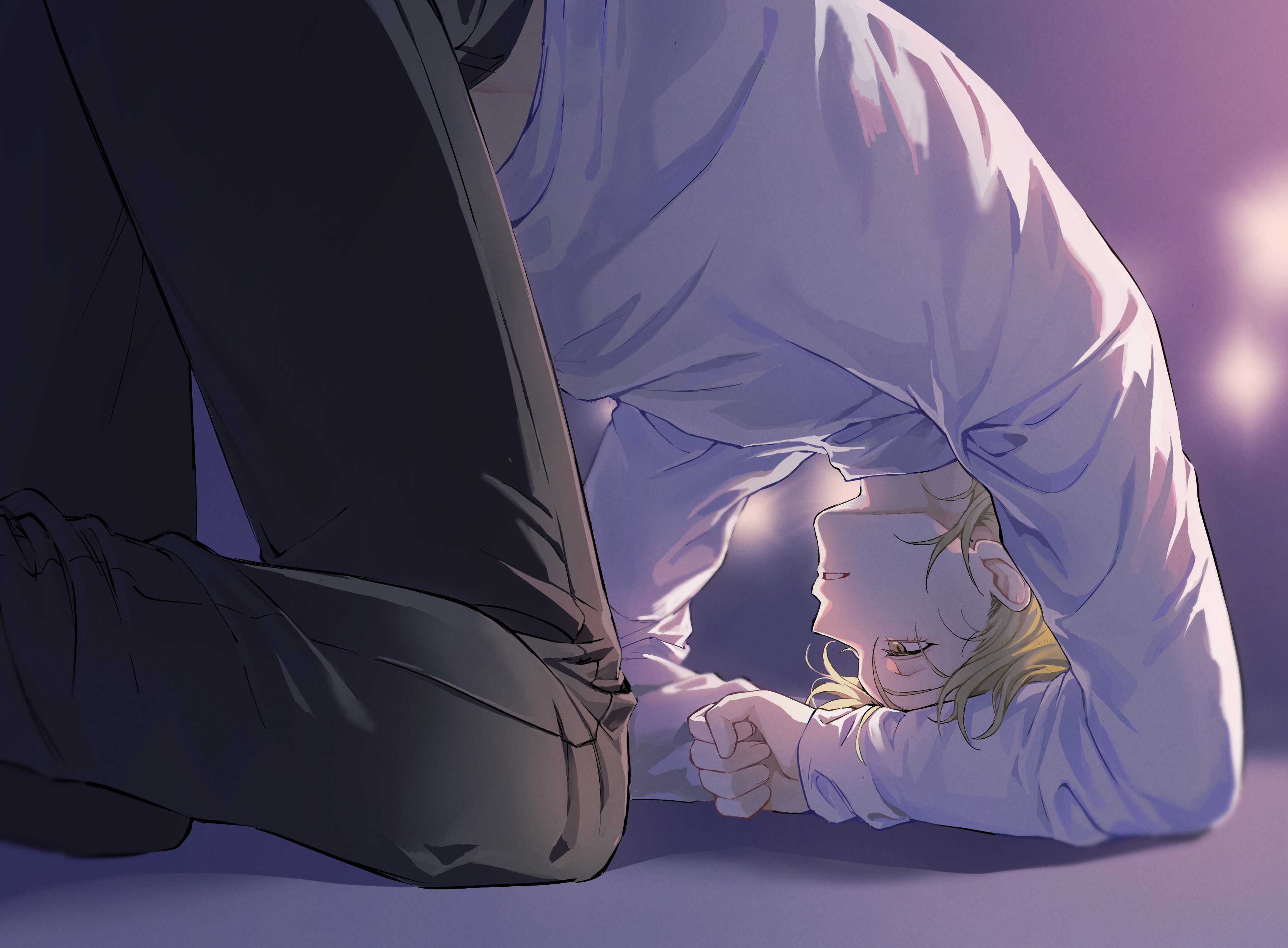 1boy 5_taku absurdres baek_eunyung black_pants blonde_hair blurry blurry_background highres long_sleeves male_focus medium_hair midriff_peek no_home_(manhwa) pants parted_lips pose_request shirt solo teeth white_shirt yellow_eyes