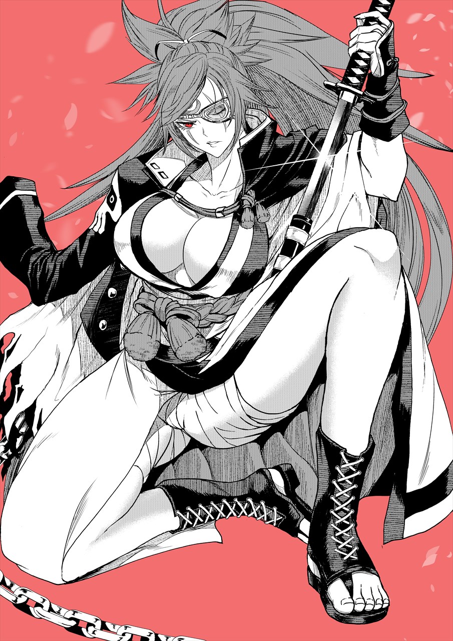 1girl amputee baiken big_hair black_kimono breasts cleavage eyepatch facial_tattoo guilty_gear highres japanese_clothes katana kawabata_yoshihiro kimono large_breasts long_hair multicolored_kimono one-eyed open_clothes open_kimono pink_hair ponytail red_eyes samurai scar scar_across_eye scar_on_face solo sword tattoo torn_sleeve weapon