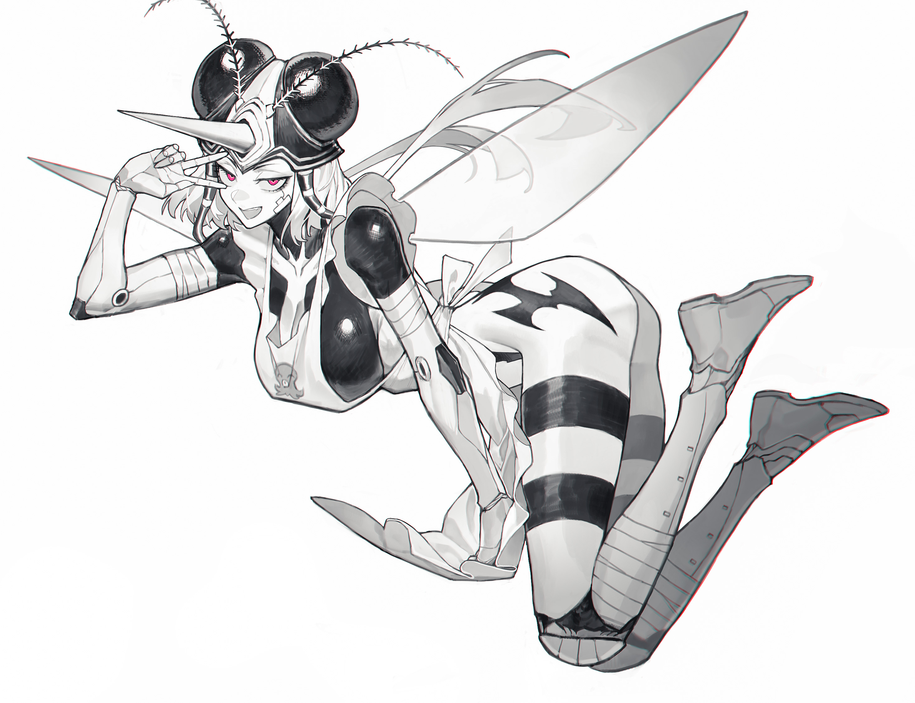 1girl :p antennae apron arthropod_girl ass bandages bandaid bent_over breasts frills full_body hanging_breasts highres jitome large_breasts medium_hair monster_girl mosquito_girl mosquito_musume naked_apron one-punch_man one_eye_closed pink_eyes rhine_(overtonerhine) simple_background smirk tongue tongue_out v wavy_hair white_background wings