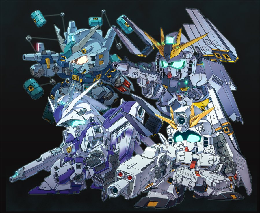 anniversary arm_cannon beam_rifle blue_eyes char&#039;s_counterattack char&#039;s_counterattack_-_beltorchika&#039;s_children chibi clenched_hand energy_gun fin_funnels funnels_(gundam) glowing glowing_eyes gundam hi-nu_gundam mecha no_humans nu_gundam nu_gundam_hws nu_gundam_mp_type robot sd_gundam shield susagane weapon yellow_eyes