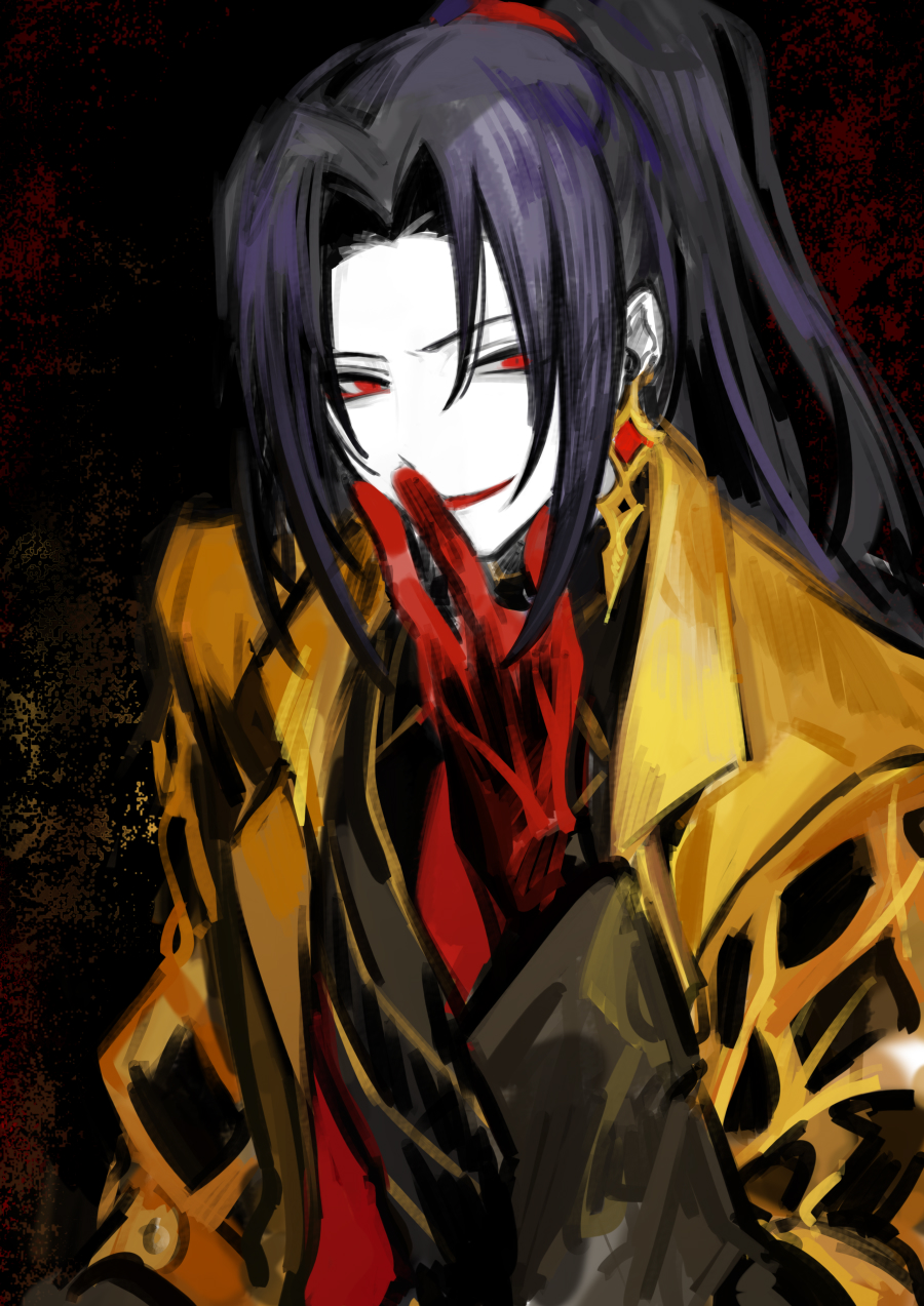 1boy black_shirt black_vest coat collared_shirt contempt_awe_(e.g.o) e.g.o_(project_moon) gloves highres jia_huan_(project_moon) limbus_company long_sleeves looking_at_viewer necktie nishikujic parted_lips project_moon red_eyes red_gloves red_necktie shirt smile solo vest yellow_coat