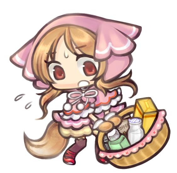 1girl basket black_thighhighs brown_gloves brown_hair capelet chibi chibi_only commentary_request flying_sweatdrops fur-trimmed_gloves fur_trim gloves holding holding_basket hood hood_up hooded_capelet open_mouth ouka_miko pink_capelet pink_shirt red_eyes red_shoes shirt shoes shorts simple_background solo sweat tail thighhighs tsunoyomogi_amahashi utau white_background wolf_tail yellow_shorts