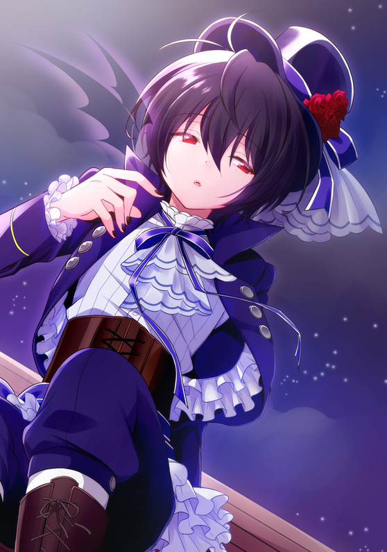 10s 1boy ascot bat_wings black_nails boots brown_boots corset dutch_angle ensemble_stars! eyebrows fangs flower frills hat hat_flower jacket lace-up_boots looking_to_the_side male_focus nail_polish night night_sky open_clothes open_jacket open_mouth red_eyes sakuma_ritsu sitting sky solo star_(sky) take_no_ko top_hat vampire wings
