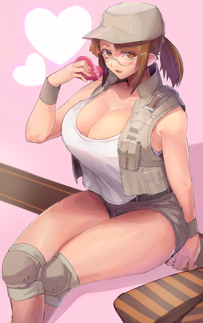 1girl baseball_cap belt breasts brown_eyes brown_hair cleavage fio_germi glasses hat heart heart_background highres knee_pads large_breasts looking_at_viewer madsensei metal_slug pink_background ponytail shirt short_shorts shorts sleeveless sleeveless_jacket utility_vest vest white_shirt wristband