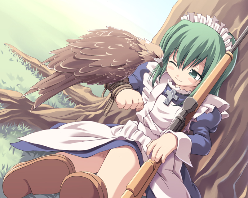 1girl animal_on_arm bird bird_on_arm female_focus geisya green_eyes green_hair gun maid matching_hair/eyes one_eye_closed original solo weapon wink