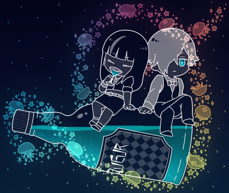 10s 1boy 1girl alcohol bad_id bad_pixiv_id belt blunt_bangs bottle chibi chiyuki_(death_parade) cocktail_glass cup death_parade decim_(death_parade) drinking_glass glass hair_over_one_eye jellyfish kurokami_no_onna long_hair nila sitting skirt star_(symbol)