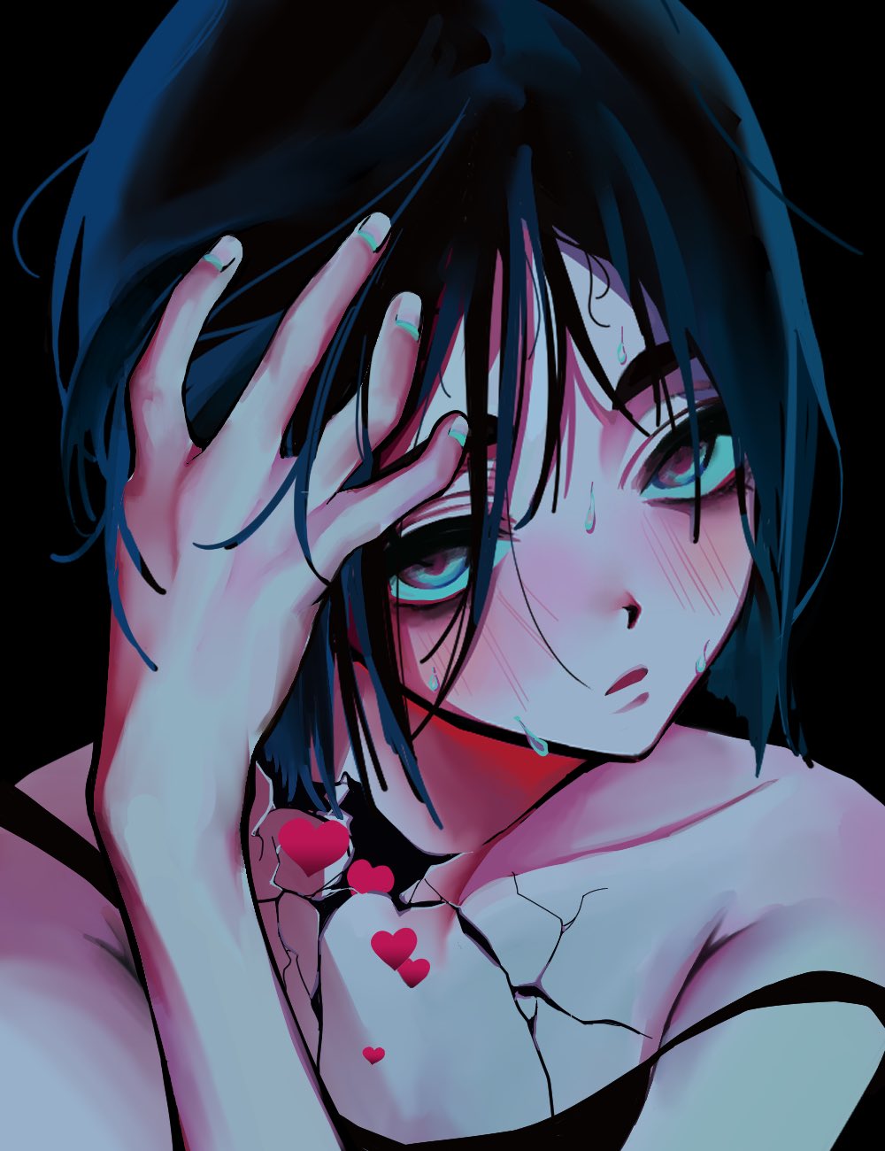 1girl abcd888888889 alien_stage bags_under_eyes black_background black_hair blush cracked_skin grey_eyes hand_in_own_hair highres looking_at_viewer messy_hair parted_lips short_hair simple_background solo sua_(alien_stage) sweat upper_body