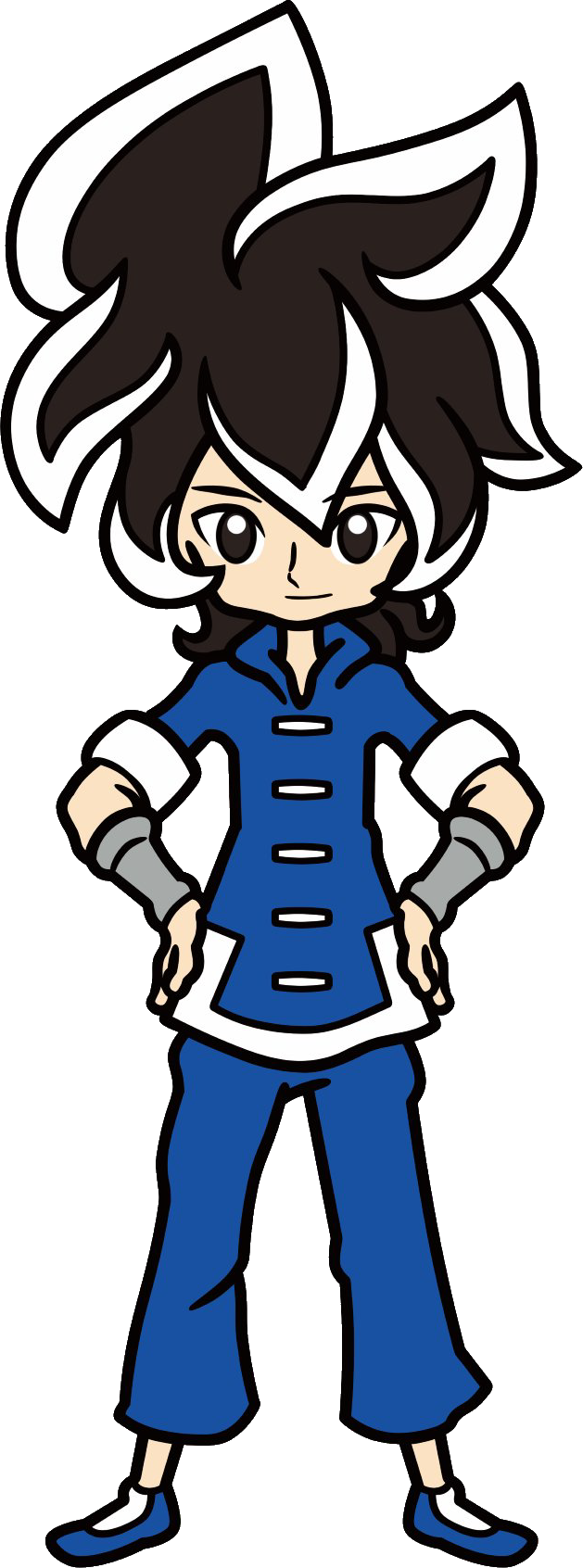 1boy black_hair highres loose_pants martial_arts_jacket metal_wrist_cuffs nintendo shoes short_sleeves warioware white_hair_tips young_cricket_(warioware)