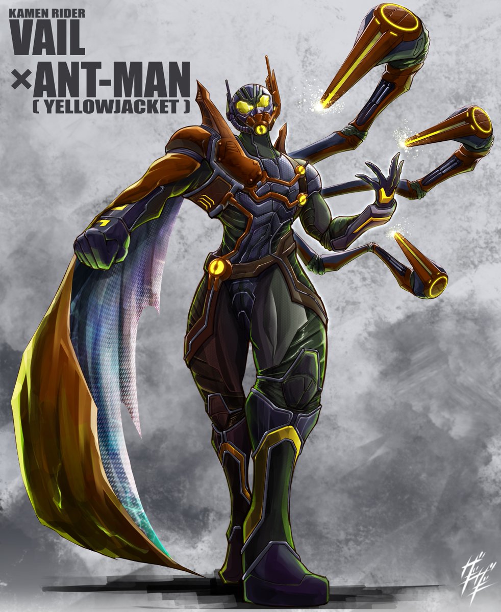 1boy ant ant-man armor arthropod_limbs asymmetrical_armor asymmetrical_horns beetle bug cape clenched_hand commentary_request cowboy_shot extra_legs full_body fusion highres horns insect insect_wings kamen_rider kamen_rider_revice kamen_rider_vail marvel marvel_cinematic_universe open_hand orange_armor orange_cape side_cape single_wing villain_pose what_if...?_(disney+) what_if_(disney+) wings zagizagi