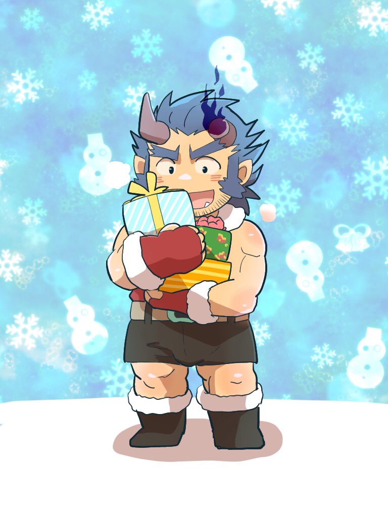 1boy :d bara blue_hair blush broken_horn dark_blue_hair deformed demon_boy demon_horns facial_hair full_body gift goatee_stubble happy horns male_focus muscular muscular_male mutton_chops official_alternate_costume open_mouth rorondo santa_costume short_hair shorts sleeveless smile snowflake_background solo stubble takemaru_(housamo) thick_eyebrows tokyo_houkago_summoners tusks