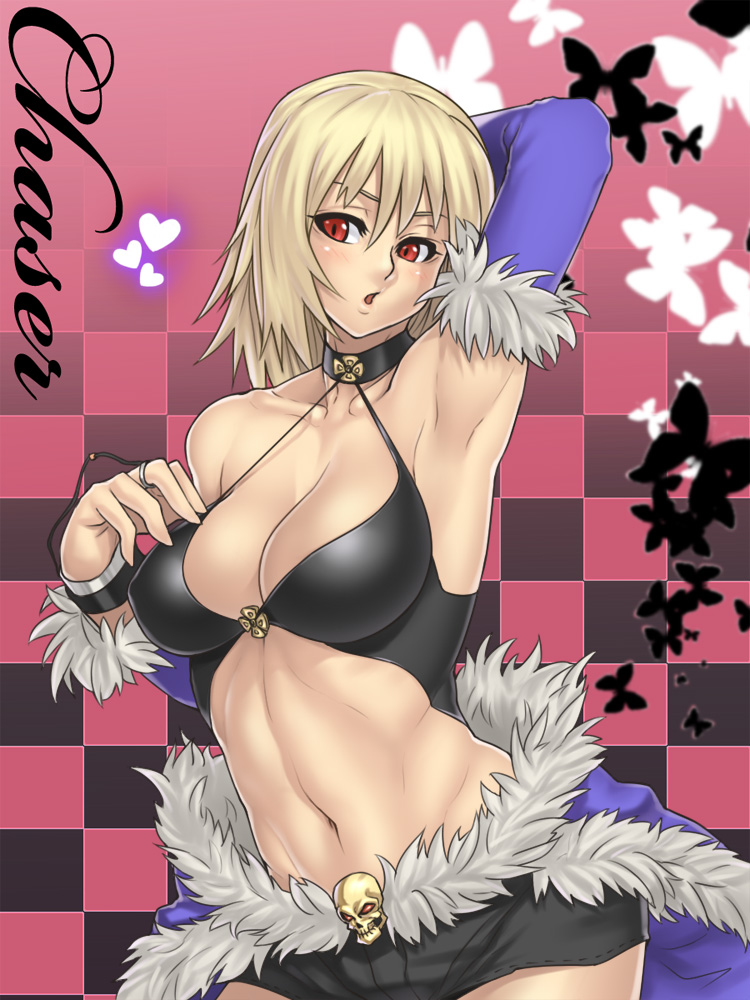 1girl abs arm_behind_head armpits blonde_hair bra breasts checkered_background choker cleavage detached_sleeves female_focus fur-trimmed_sleeves fur-trimmed_waist_cape fur_trim houtengeki large_breasts lingerie navel parted_lips ragnarok_online red_eyes short_hair short_shorts shorts solo stalker stalker_(ragnarok_online) underwear waist_cape