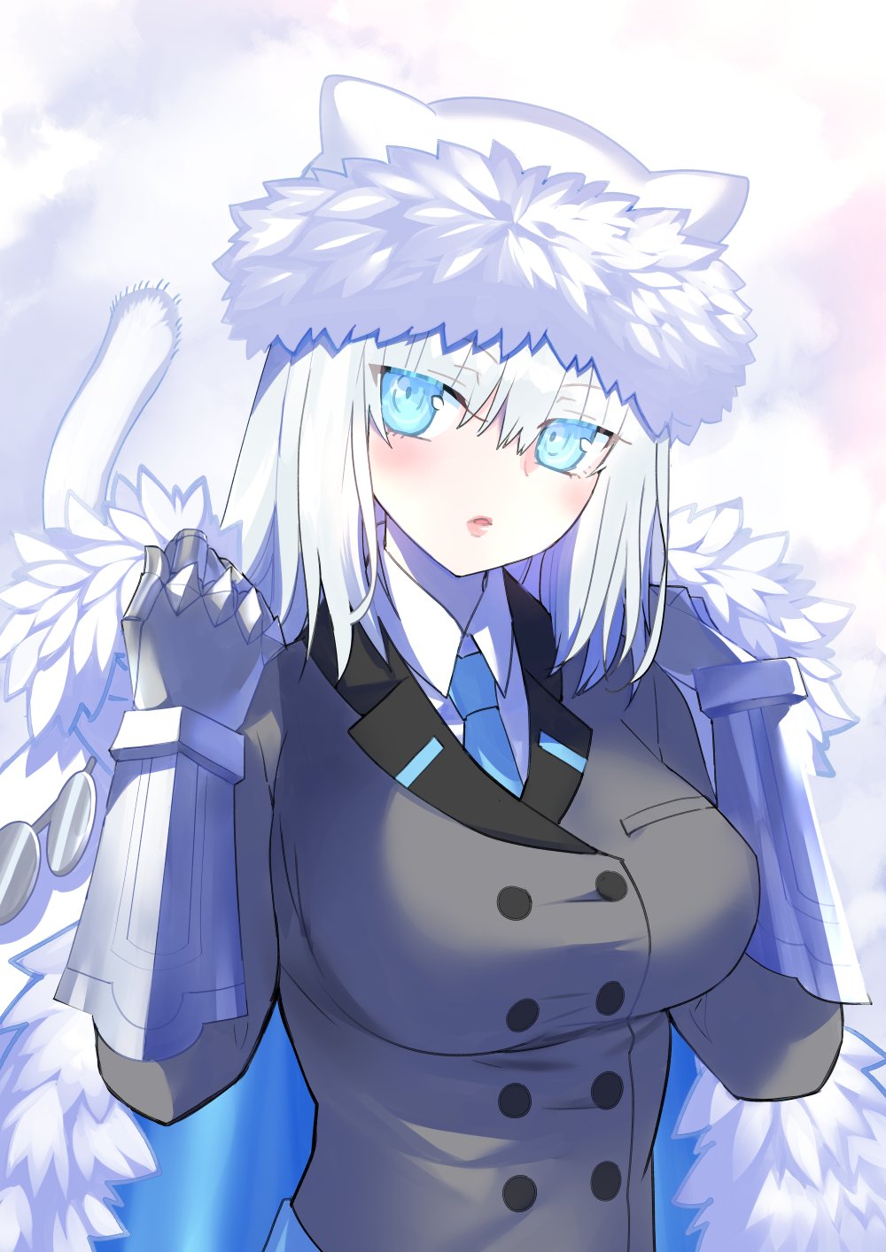 1girl animal_ears blue_eyes blush breasts buttons cape capelet cat_ears cat_girl cat_tail dobrynya_nikitich_(fate) dobrynya_nikitich_(first_ascension)_(fate) double-breasted fate/grand_order fate_(series) fur-trimmed_capelet fur-trimmed_headwear fur_trim gauntlets grey_jacket hat highres jacket large_breasts long_hair long_sleeves looking_at_viewer low_ponytail necktie parted_lips ponytail robina tail white_cape white_capelet white_hair white_hat