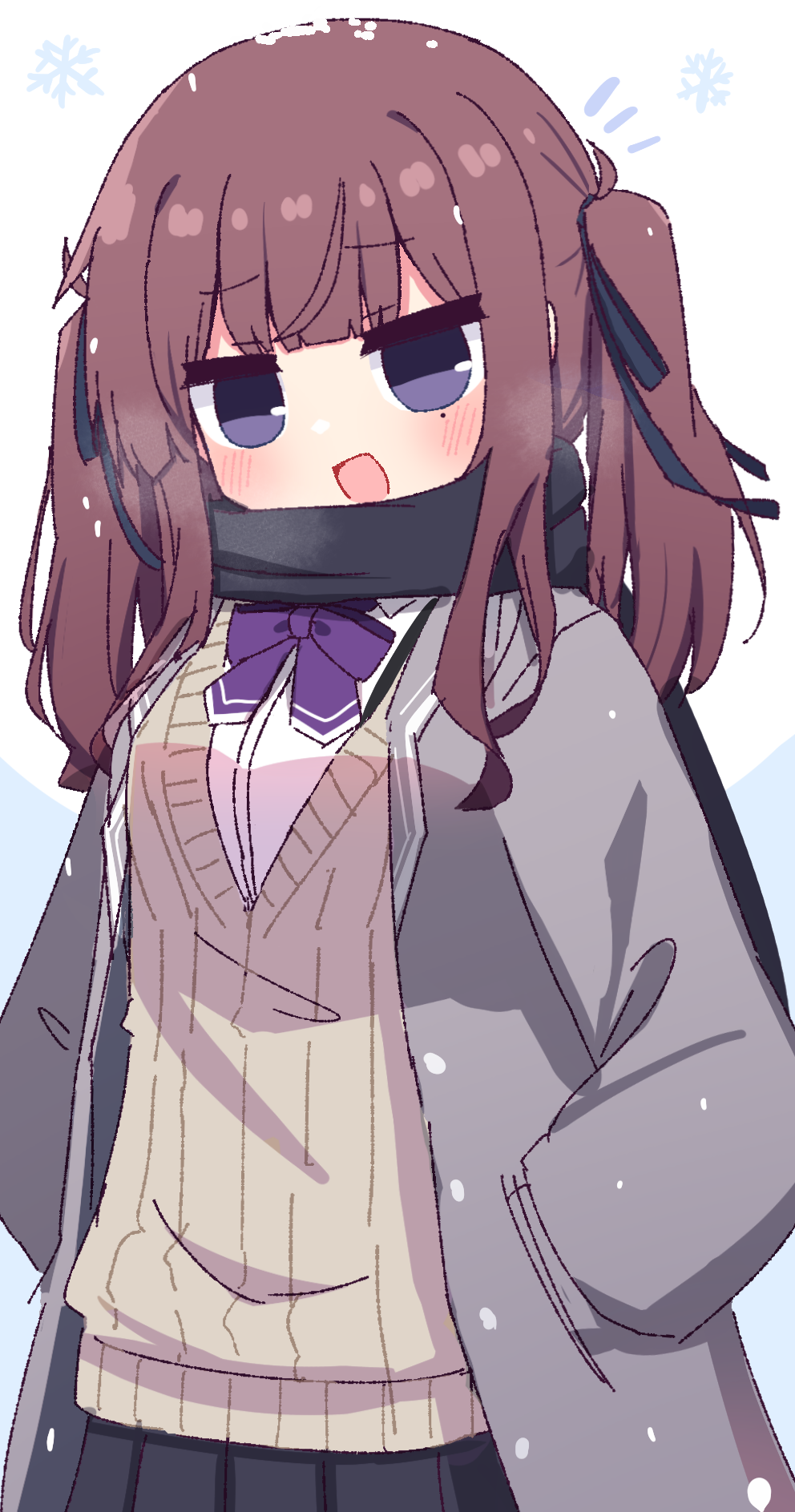 1girl :d black_ribbon black_scarf black_skirt blunt_bangs blush bow bowtie breasts brown_eyes cevio coat commentary cowboy_shot dated_commentary grey_coat hair_ribbon hands_in_pockets hibino_000 highres large_breasts long_sleeves looking_at_viewer medium_hair natsuki_karin open_clothes open_coat open_mouth pleated_skirt purple_bow purple_bowtie purple_eyes ribbon scarf school_uniform shirt skirt smile snowflakes solo sweater synthesizer_v two_side_up white_shirt yellow_sweater