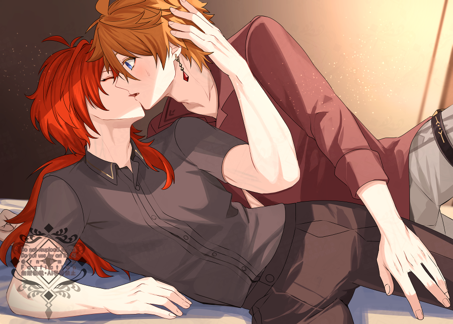 2boys blue_eyes brown_pants brown_shirt closed_eyes diluc_(genshin_impact) earrings french_kiss genshin_impact grey_pants hiki_yuichi imminent_kiss jewelry kiss long_hair long_sleeves male_focus multiple_boys orange_hair pants red_hair red_shirt shirt short_hair tartaglia_(genshin_impact) yaoi
