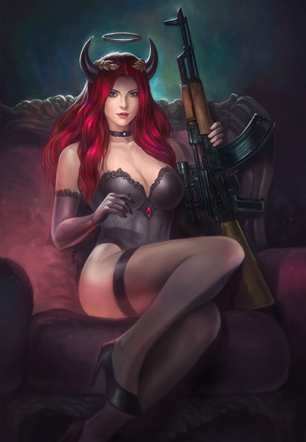 1girl akm angan_kelana assault_rifle black_footwear black_gloves black_halo black_thighhighs breasts cleavage elbow_gloves gloves green_eyes gun halo high_heels highres holding holding_gun holding_weapon horns kalashnikov_rifle large_breasts legs long_hair looking_at_viewer original red_hair sitting solo thighhighs weapon