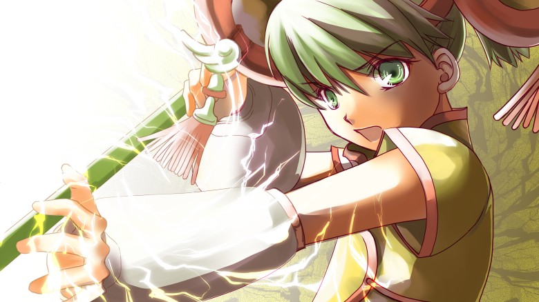 10s 1girl chinese_clothes detached_sleeves dragon_kid electricity female_focus green_eyes green_hair hat hypoxis matching_hair/eyes short_hair solo staff superhero_costume tiger_&amp;_bunny