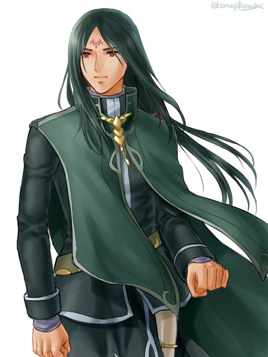 1boy bad_id bad_twitter_id fire_emblem fire_emblem:_path_of_radiance fire_emblem:_radiant_dawn green_hair hanasaki_komugi long_hair male_focus nintendo rajaion_(fire_emblem) red_eyes simple_background solo tattoo white_background