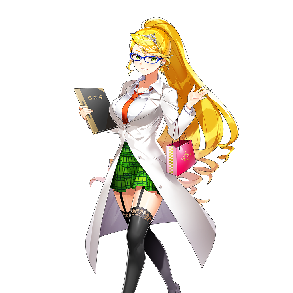 1girl bag black_garter_straps black_thighhighs blonde_hair braid breasts garter_straps glasses green_skirt holding holding_notebook lab_coat large_breasts long_hair masyu_yuyu necktie notebook paper_bag plaid_clothes plaid_skirt red_necktie shirt silver_tiara single_braid skirt thighhighs torte_zief uchi_no_hime-sama_ga_ichiban_kawaii white_shirt yellow_eyes