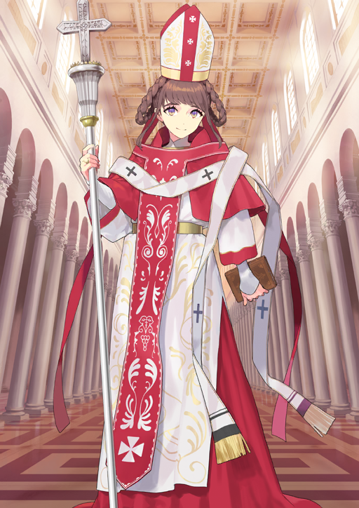 1girl arm_at_side book braid braided_hair_rings brown_hair christianity closed_mouth cross fate/grand_order fate_(series) full_body game_cg hair_rings hand_up hat holding holding_book holding_staff indoors johanna_(fate) latin_cross layered_sleeves long_sleeves looking_at_viewer mitre official_art purple_eyes robe sash short_hair sidelocks smile solo staff standing swept_bangs takenashi_eri third-party_source variant_set waist_sash white_hat