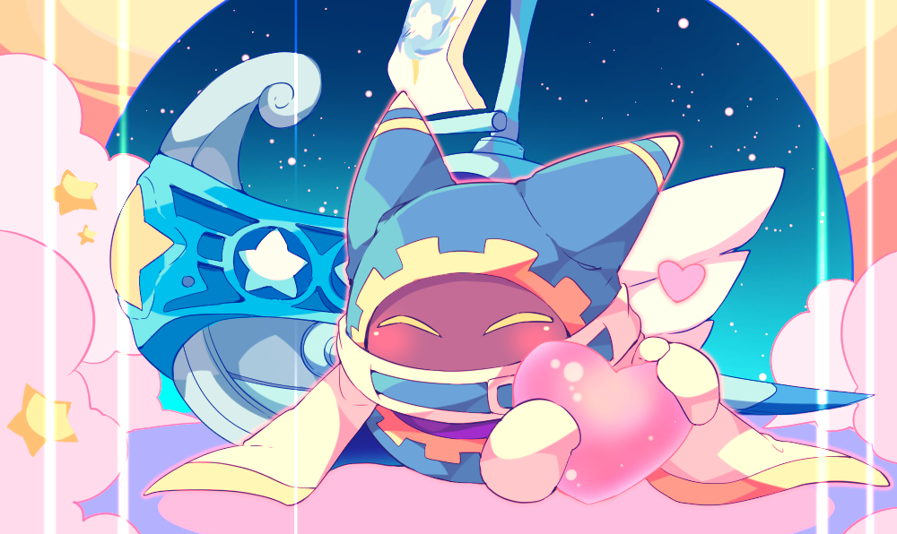 ^_^ angel_wings animal_ears belt belt_buckle belt_collar blue_belt blue_hood blush buckle cape closed_eyes cloud collar commentary_request covered_mouth disembodied_hand gear_print gloves heart holding holding_heart kirby_(series) lor_starcutter magolor mast nintendo no_humans oars_(one_piece) rayman_limbs scarf shirushiki solo space spacecraft star_(sky) star_(symbol) star_print white_cape white_gloves white_scarf wings