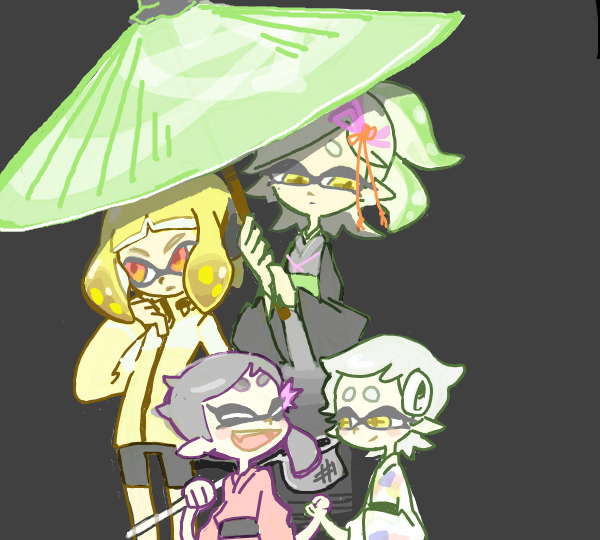 +_+ 3girls aged_down agent_4_(splatoon) callie_(splatoon) callie_(young)_(splatoon) holding holding_umbrella inkling japanese_clothes jyanbodon kimono looking_at_another looking_to_the_side marie_(kimono)_(splatoon) marie_(splatoon) marie_(young)_(splatoon) multiple_girls nintendo official_alternate_costume official_alternate_hairstyle parasol splatoon_(series) splatoon_2 squidbeak_splatoon umbrella yukata
