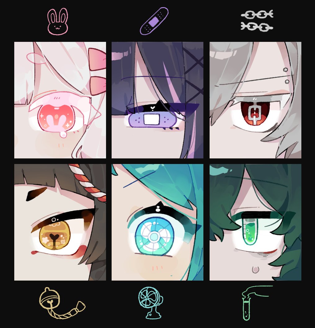 6+girls bandaid bell black_background black_hair blue_eyes blue_hair brown_hair chain close-up electric_fan eye_focus green_eyes green_hair grey_hair half-closed_eye jingle_bell jitome looking_at_viewer multiple_girls original pink_eyes purple_eyes rabbit red_eyes simple_background themed_object umenatto710 v-shaped_eyebrows vial yellow_eyes