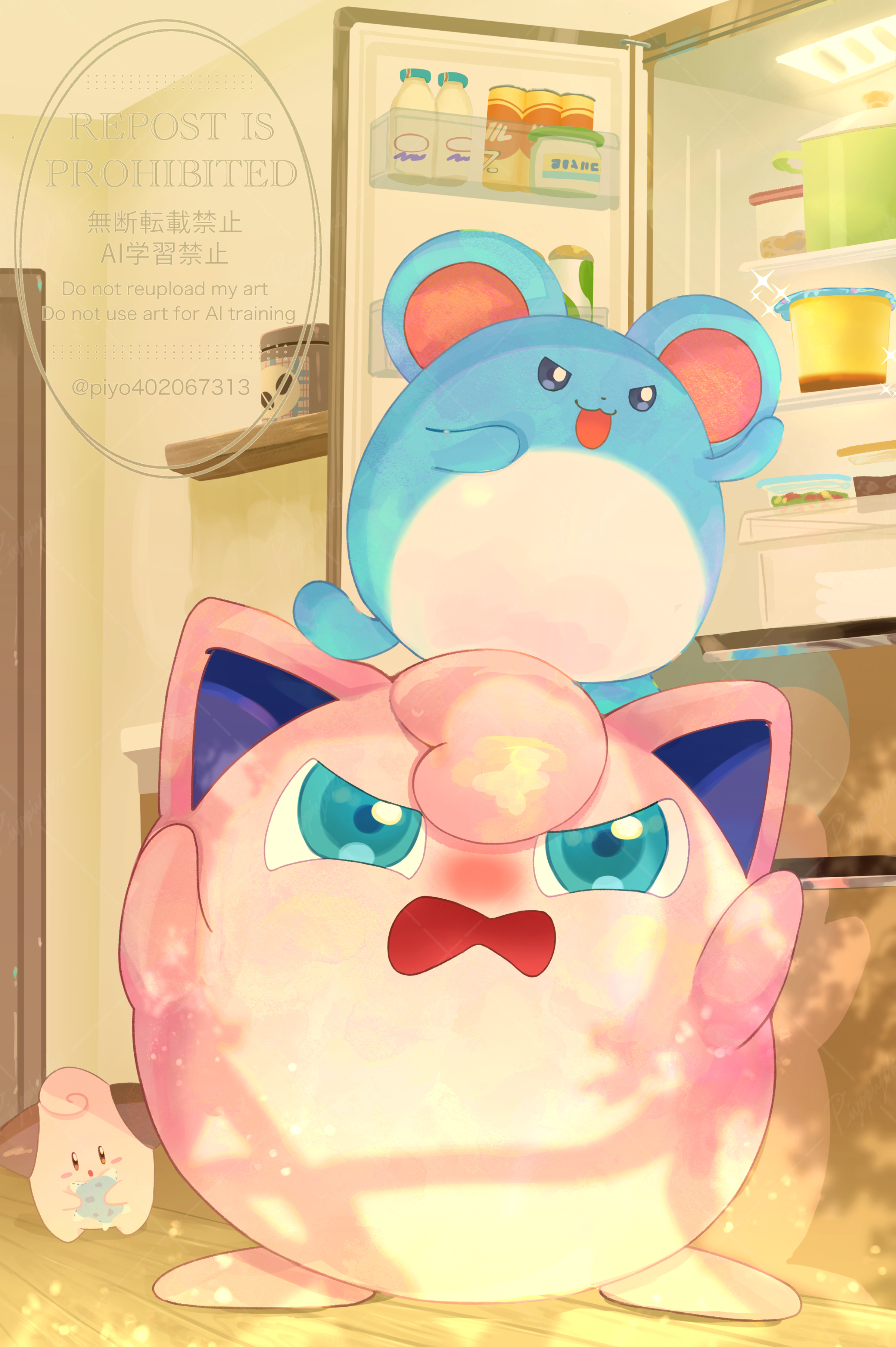 :3 absurdres aqua_eyes bottle cleffa commentary_request food gen_1_pokemon gen_2_pokemon highres holding indoors jigglypuff looking_up marill milk_bottle nintendo no_humans on_head open_mouth piyokonoenikki_04 pokemon pokemon_(creature) pokemon_focus pokemon_on_head pudding refrigerator shelf sparkle standing watermark