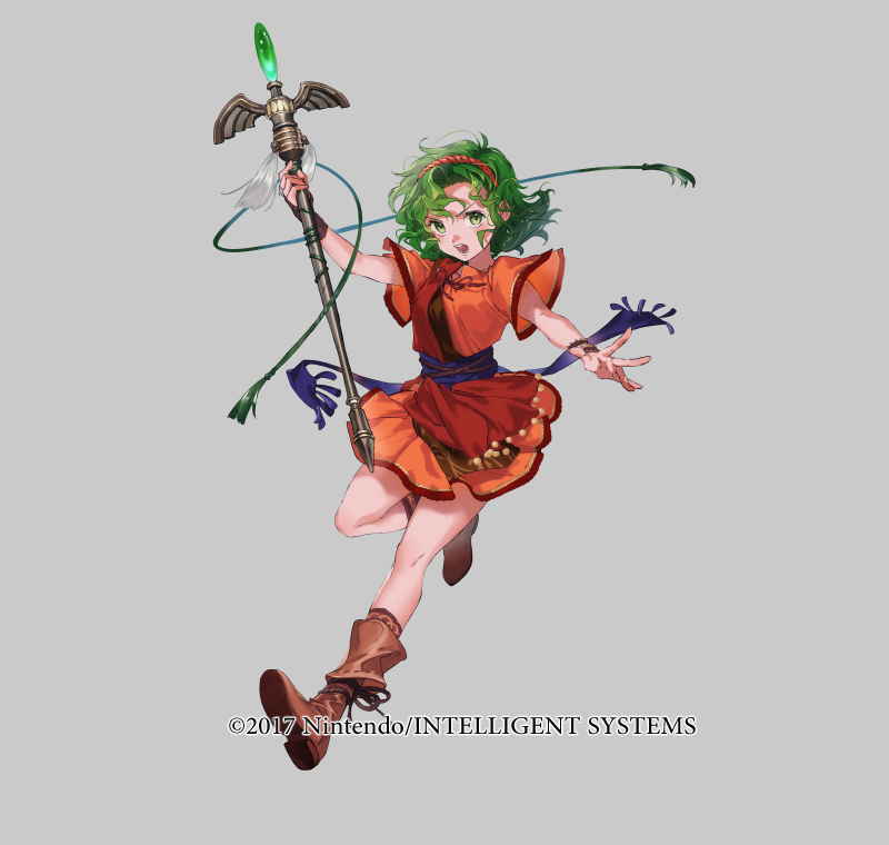 1girl blue_sash boots bracelet brown_boots copyright_notice dress fire_emblem fire_emblem:_thracia_776 fire_emblem_heroes full_body green_eyes green_hair grey_background holding holding_staff intelligent_systems jewelry mayo_(becky2006) medium_hair nintendo official_art open_mouth red_dress sash solo staff tina_(fire_emblem) v-shaped_eyebrows