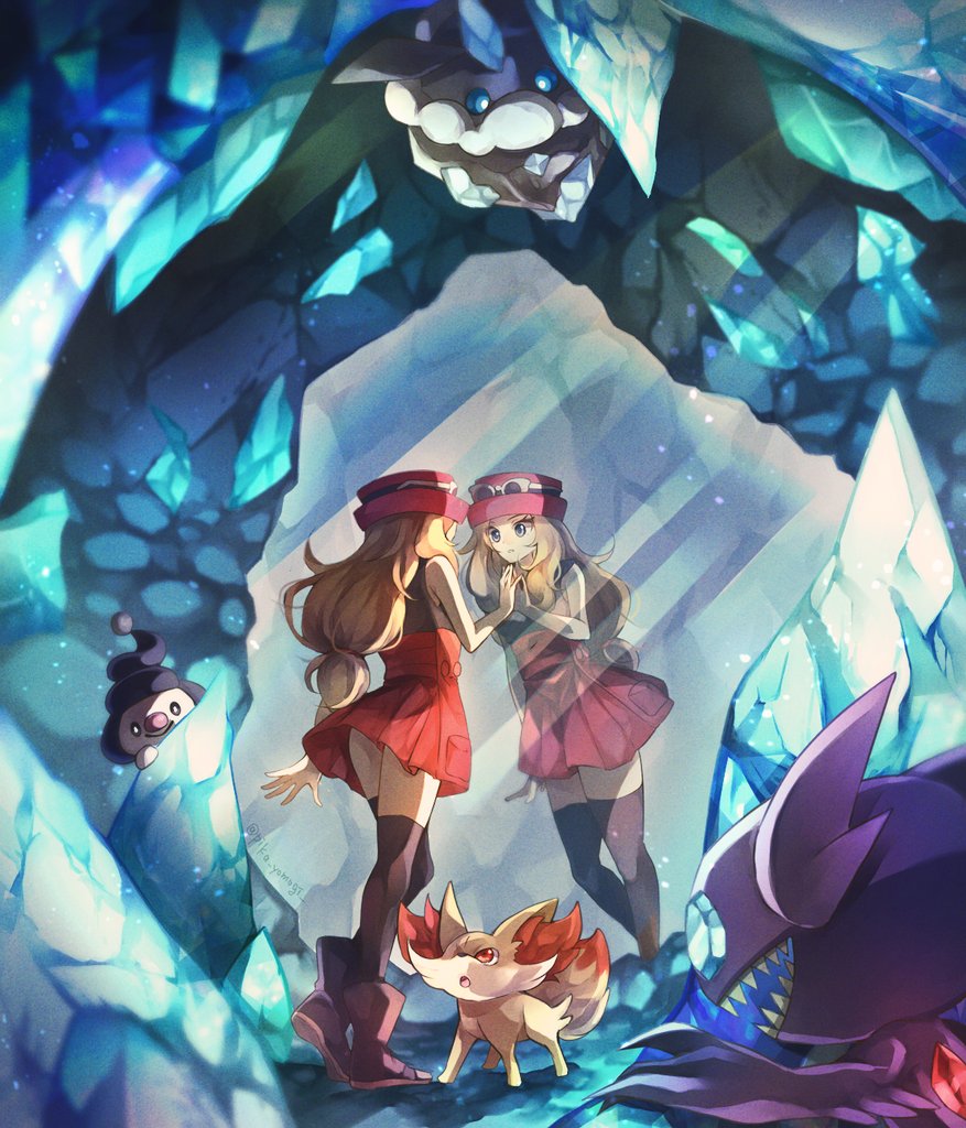1girl :o animal_ear_fluff black_shirt black_socks blonde_hair blue_eyes carbink cave_interior closed_mouth commentary_request creatures_(company) crystal eyelashes eyewear_on_headwear fennekin full_body game_freak gem_eyes gen_3_pokemon gen_4_pokemon gen_6_pokemon grey_eyes hand_on_wall hat kneehighs long_hair looking_at_reflection mime_jr. nintendo open_mouth orange_eyes pink_hat pokemon pokemon_(creature) pokemon_xy red_skirt reflection reflective_surface sableye serena_(pokemon) sharp_teeth shirt skirt sleeveless sleeveless_shirt socks standing sunglasses teeth touching_reflection white-framed_eyewear yomogi_(black-elf)