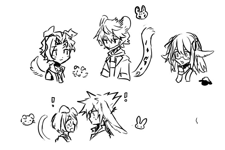 ! 2girls 3boys animal_ears backpack bag cat_ears dog_ears dog_tail eyebrows face_mask furesawa_tosai glasses hood hoodie jewelry kanade_rindo mask misaki_shiki mouth_mask multiple_boys multiple_girls necklace pearl_necklace rabbit_ears sakuraba_neku sheep_ears shin_subarashiki_kono_sekai spoken_exclamation_mark subarashiki_kono_sekai sweatdrop tail tiger_ears tiger_tail upper_body usui_nagi