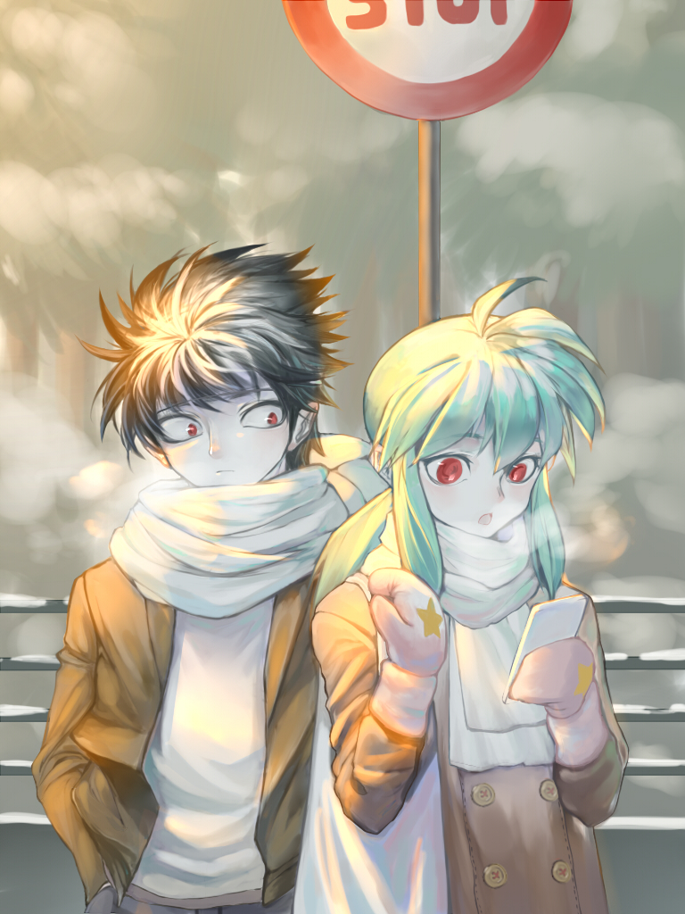 1boy 1girl alternate_costume aqua_hair bench black_hair brother_and_sister expressionless hand_in_pocket headband hiei kulu long_hair mittens red_eyes road_sign siblings sidelocks sign stop_sign yukina_(yu_yu_hakusho) yuu_yuu_hakusho