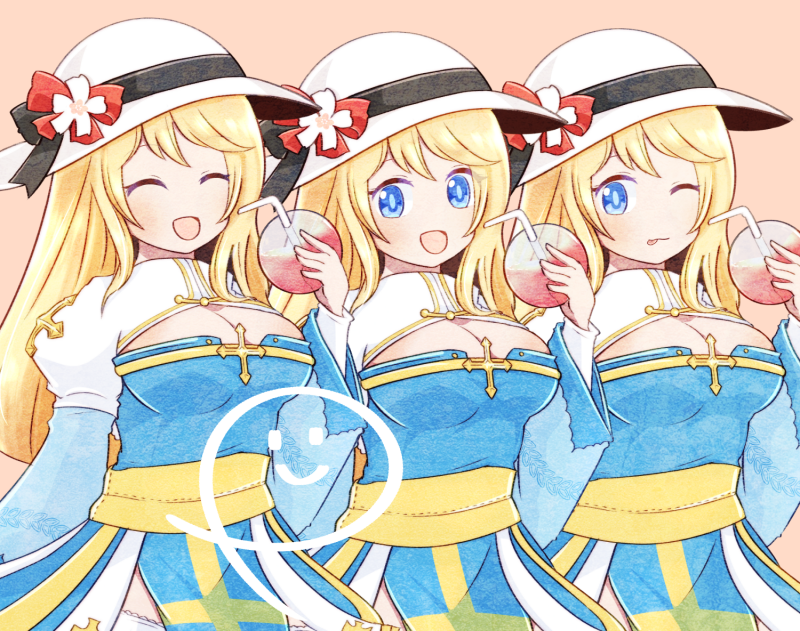 1girl :d arch_bishop_(ragnarok_online) blonde_hair blue_dress blue_eyes blush bow breasts cleavage cleavage_cutout closed_mouth clothing_cutout commentary_request commission cowboy_shot cross dress hat juliet_sleeves large_breasts long_hair long_sleeves looking_at_viewer multiple_expressions open_mouth pink_background pochiko_(poteko) puffy_sleeves ragnarok_online red_bow sash skeb_commission smile two-tone_dress white_dress white_hat yellow_sash