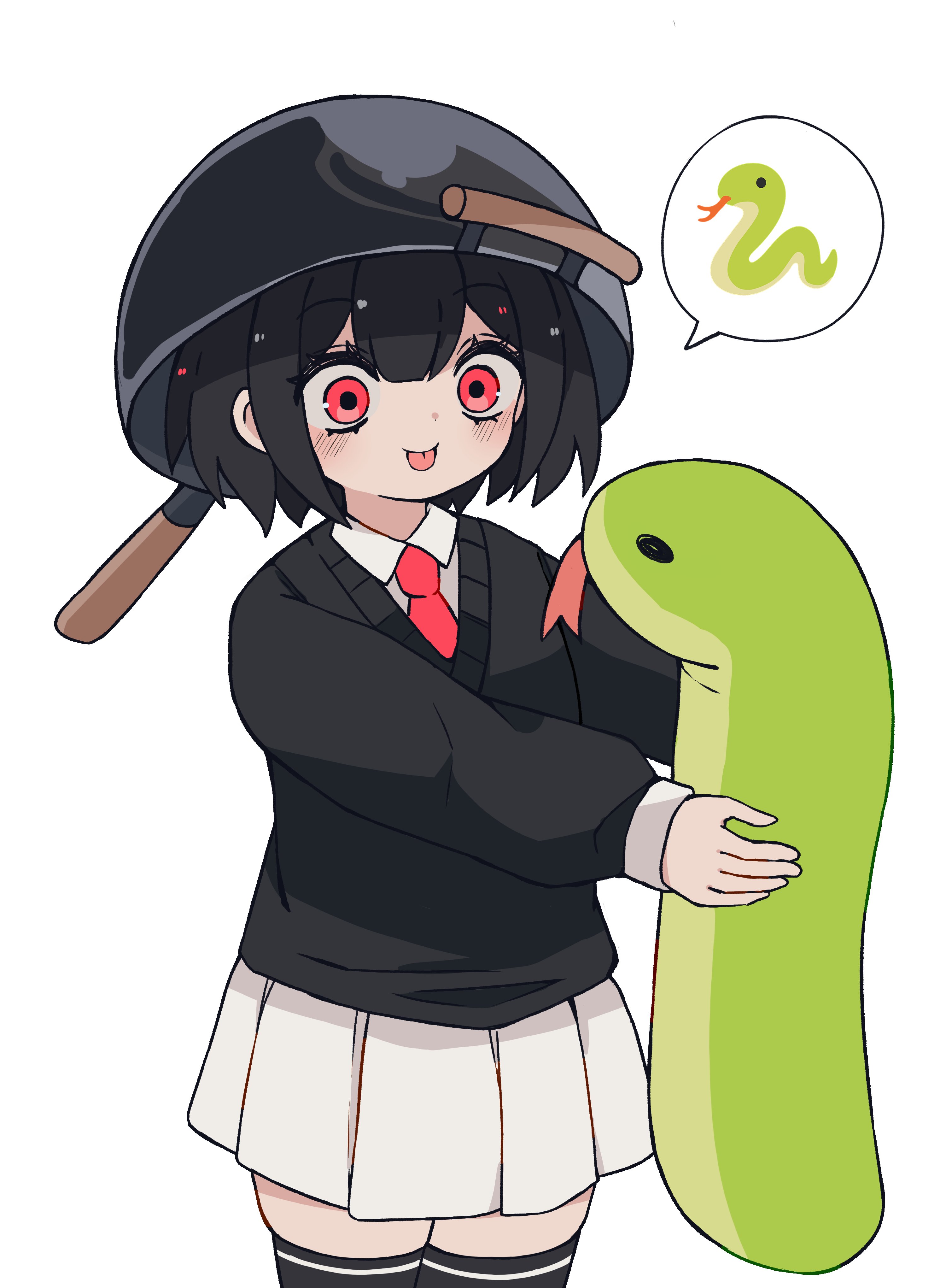 1girl :d absurdres black_hair black_sweater black_thighhighs blush bob_cut chinese_zodiac collared_shirt commentary cowboy_shot dated_commentary dress_shirt english_commentary eyelashes forked_tongue hair_between_eyes highres holding holding_stuffed_toy looking_at_object mai_(melonbread) melonbread necktie new_year open_mouth original pleated_skirt pot_on_head red_eyes red_necktie shirt short_hair simple_background skindentation skirt smile solo spoken_animal stuffed_animal stuffed_snake stuffed_toy sweater thighhighs tongue tongue_out white_background white_shirt white_skirt white_trim wok year_of_the_snake