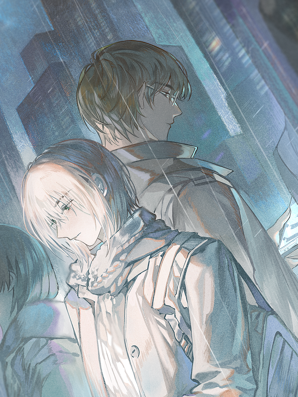 2boys back-to-back bag black_hair brown_hair building cellphone city closed_mouth coat glasses green_eyes highres holding holding_phone long_sleeves looking_down male_focus multiple_boys night original outdoors phone rain scarf short_hair upper_body white_coat white_hair yaoi yinzinmiemie