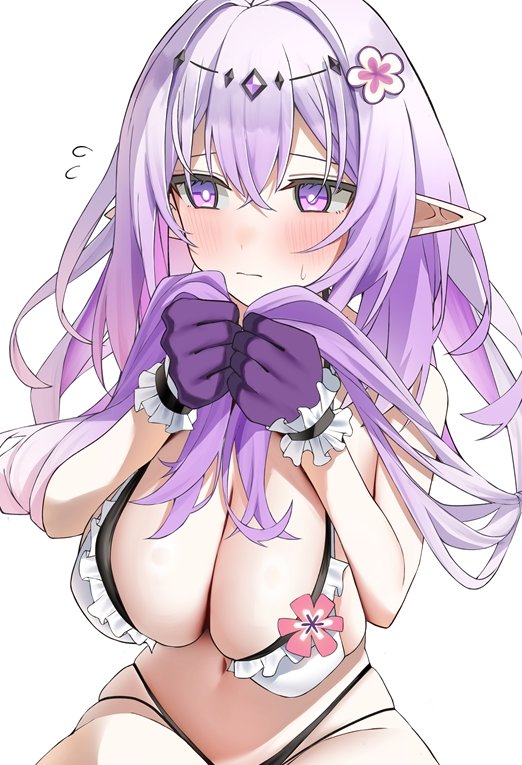 1girl bikini blush breasts bright_pupils castorice_(honkai:_star_rail) cleavage closed_mouth flying_sweatdrops gloves hair_between_eyes honkai:_star_rail honkai_(series) long_hair looking_at_viewer navel nidaime_(doronbo) pointy_ears purple_eyes purple_gloves purple_hair scrunchie simple_background solo stomach swimsuit white_background white_pupils white_scrunchie wrist_scrunchie