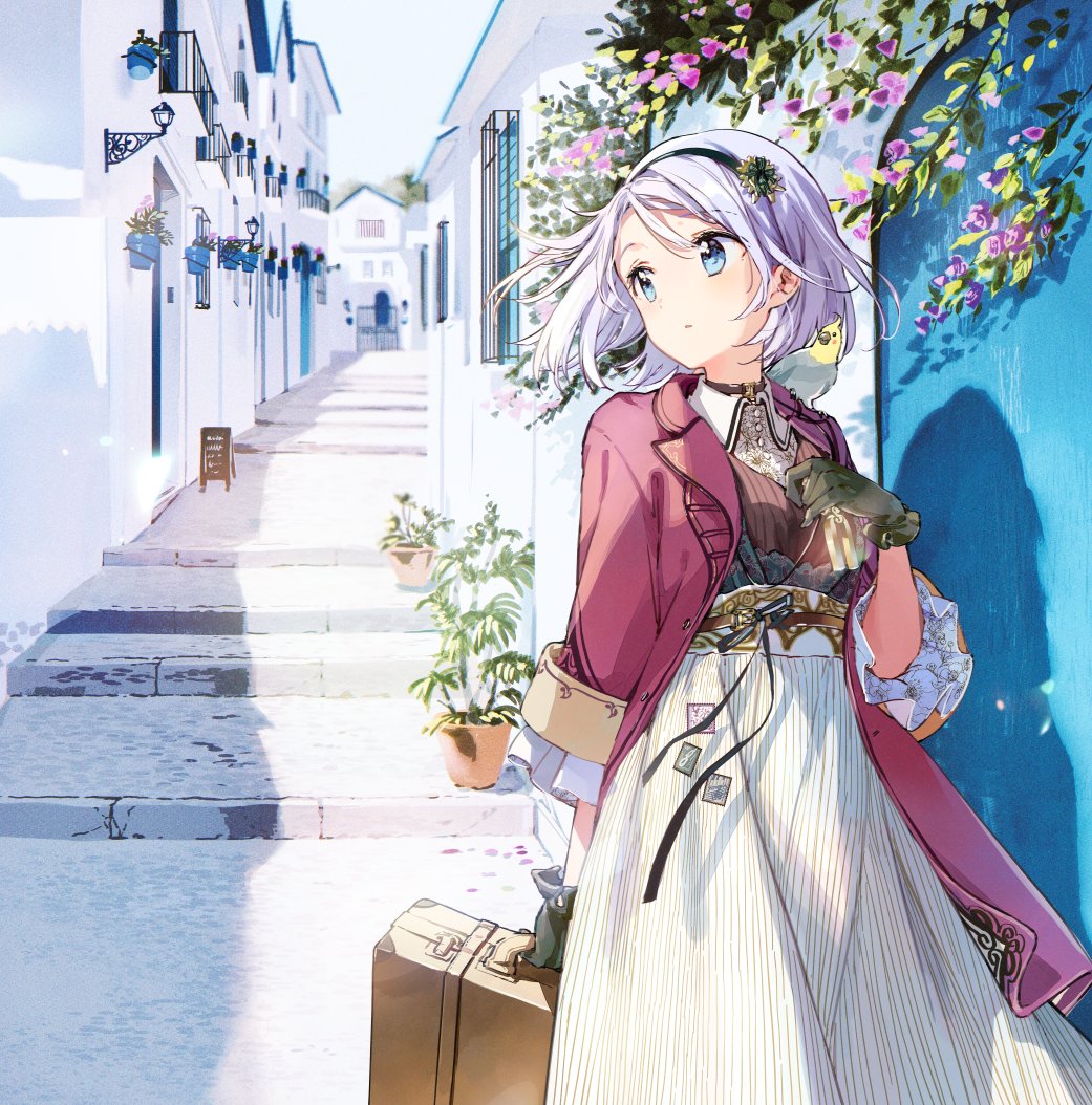 1girl animal animal_on_shoulder bird bird_on_shoulder black_gloves black_hairband blue_eyes blurry blurry_background bob_cut briefcase building coat commentary_request day depth_of_field dress_shirt flower frilled_sleeves frills gloves grey_hair hair_flower hair_ornament hairband high-waist_skirt holding ivy long_hair long_skirt looking_back original outdoors parted_lips plant potted_plant purple_coat purple_shirt shirt short_hair skirt solo standing striped_clothes striped_skirt tiv vertical-striped_clothes vertical-striped_skirt white_skirt wind