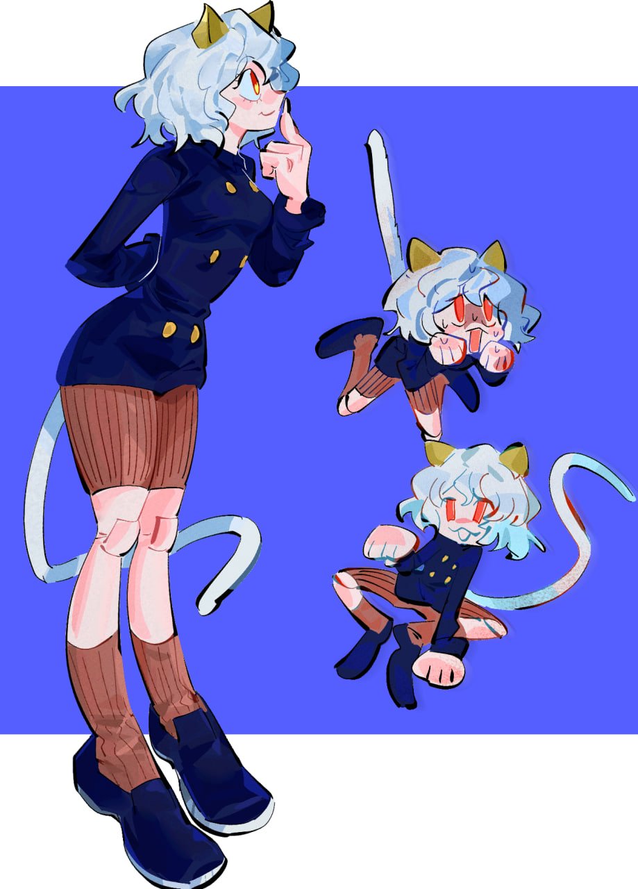 1girl androgynous animal_ears breasts cat_ears cat_tail chimera_ant curly_hair grey_hair highres hunter_x_hunter joints long_sleeves multiple_views neferpitou pdvl ribbed_shorts short_hair shorts smile solo tail