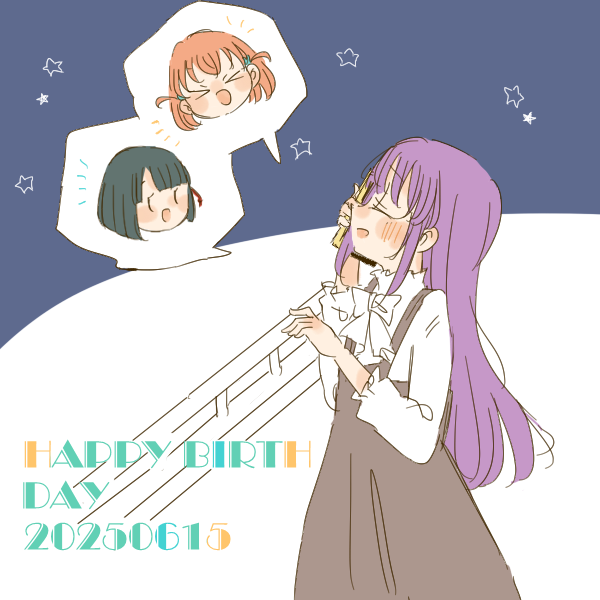 &gt;_&lt; 3girls :d black_hair blunt_bangs blunt_ends bob_cut brown_dress cellphone cerise_bouquet commentary dated dress hair_ornament happy_birthday hashtag-only_commentary hinoshita_kaho holding holding_phone kase_(ks_lys) link!_like!_love_live! long_hair long_sleeves love_live! medium_hair momose_ginko multiple_girls notice_lines official_alternate_hairstyle open_mouth orange_hair otomune_kozue phone pinafore_dress profile purple_hair rabbit_hair_ornament shirt short_hair sidelocks sleeveless sleeveless_dress smartphone smile spoken_character star_(symbol) star_symbol_background talking_on_phone two_side_up virtual_youtuber white_shirt xd |_|