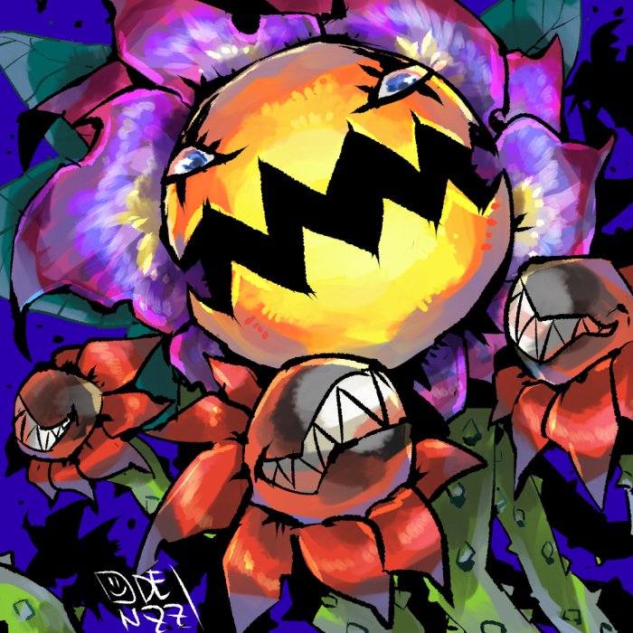 blossomon digimon digimon_(creature) looking_at_viewer open_mouth petals sharp_teeth solo teeth thorns